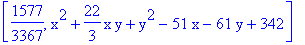 [1577/3367, x^2+22/3*x*y+y^2-51*x-61*y+342]